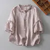 Camisa de linho com gola de renda bordada para mulheres, estilo verão, modelagem solta, top de algodão e linho de manga curta