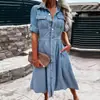 Ropa de mujer de comercio exterior, vestido de mezclilla transfronterizo europeo y americano, corte ajustado, con botones, cuello camisero, moderno, adelgazante, elegante, de longitud media