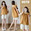Top de algodón estilo coreano de verano en stock, versátil, adelgazante, para mujeres embarazadas + Conjunto de pantalones cortos con cordón ajustable para mujeres embarazadas