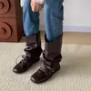 Botas Retrô Western Largas para Mulheres 2026 Outono/Inverno Novas Bico Quadrado Planas Casuais Moda Versátil Franzidas Botas de Ballet