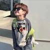 Camiseta de Manga Larga de Algodón Puro para Niños Parche de Bebé Bloque de Color Dibujos Animados Camiseta para Niños Mayores Moda de Primavera y Otoño Elegante Top Básico Moderno