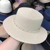 Chapéu de Palha Trançado com Topo Plano, Corrente de Pérolas Estilo Lady Fashion, Chapéu de Sol e Proteção Solar de Verão, Chapéu de Sol Fashion