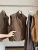 Colete de moda vintage em camurça com gola alta e abotoamento duplo para mulheres, novo estilo outono e inverno, solto e versátil, adequado para sobreposição