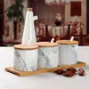 Tarro de Cerámica para Condimentos Patrón de Piedra Caja de Condimentos con Tapa de Bambú Bandeja de Bambú Venta al por Mayor