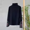 Nova coleção outono e inverno: top base layer de fleece dupla face bordado em estilo étnico retrô, gola semi-alta, corte justo, quente e estiloso para mulheres