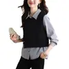 Camisa a rayas falsa de dos piezas para mujer, de manga larga, diseño único, chaleco vintage, top estilizado y elegante, versátil para primavera