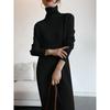 Otoño e Invierno Estilo Holgado Perezoso Sencillo Combinable Largo hasta la Rodilla con Abertura Vestido Largo de Punto de Cuello Alto para Mujer Largo Medio Interior