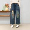 Jeans de Pierna Ancha Bordados de Dibujos Animados Desgastados para Mujer Verano 2025 Parche Bordado Pantalones Casuales de Mezclilla Versátiles