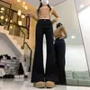 Calça jeans boca de sino preta para mulheres, primavera e outono, cintura alta, modeladora, solta, não gruda no corpo, perna larga, comprimento até o chão
