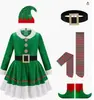 Conjunto de Fantasia de Elfo de Natal Feminino Vestido de Veludo Cinto Meias Listradas Altas Acima do Joelho Chapéu de Elfo Role Play
