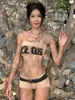 Estilo de Rua Transfronteiriço Garota Americana Hot Sexy Estilo Praia Conjunto de Biquíni Conjunto de Top Cropped com Estampa de Letras Retrô Shorts