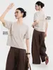 Camiseta de Linho e Liocel Fina de Verão com Estampa de Gotas para Mulheres, Top Soltinho Respirável de Algodão e Linho, Camiseta Casual Emagrecedora para Mulheres