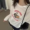 Camiseta de Algodão com Estampa de Desenho Estilo Americano Manga Longa para Mulheres Primavera e Outono Novo Estilo Solto Preguiçoso Camiseta de Meia Manga Top