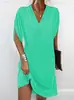 2026 Nuevo Vestido de Moda Casual Elegante de Verano para Mujer Europeo y Americano Amazon con Cuello en V, Plisado y Mangas Murciélago