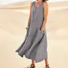 Estación Independiente de Amazon Verano Europeo y Americano Comercio Exterior 19 Colores Bolsillo Sin Mangas Cuello Redondo Vestido de Algodón y Lino para Mujer en stock
