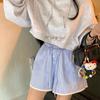Shorts Listrados de Perna Larga de Verão Vintage Dongdaemun da Coreia do Sul com Costura Renda Renda Cintura Alta Versátil para Mulheres
