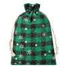 Bolsa de Algodão e Linho Xadrez com Cordão de Natal Decoração de Floco de Neve Embalagem de Joias Presente Bolsa Pequena Armazenamento de Doces Bolsa à Prova de Poeira