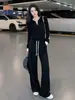 Conjunto deportivo casual de moda para mujer, moda otoño e invierno, elegante, rejuvenecedor, adelgazante, con diseño de corte recto, mangas largas y pantalones de pierna recta de cintura alta, un atuendo de dos piezas