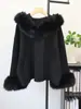Nova Coleção Outono/Inverno 2026: Cardigan de Lã Dupla Face com Capuz, Tricô Falso Pelo Patchwork, Modelagem Solta, Casaco Suéter de Luxo para Mulheres