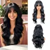 Pelucas Europeas y Americanas Transfronterizas, Cabello Largo Rizado, Negro con Flequillo, Fibra Natural de Alta Temperatura, Peluca Completa para Mujer, Venta al por Mayor de Fabricante en Stock