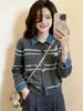 Suéter Tricô Listrado Patchwork Jeans Estilo Coreano Feminino 2026 Outono/Inverno Estiloso Versátil Camada Base A14591