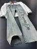 Calça jeans masculina com estampa de raio e letras, perna reta, modelagem solta, estilo American high-street, moderna, versátil, afina a silhueta, levemente bootcut