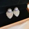 Pendientes de perlas de imitación grises, pendientes de lujo para mujer, elegantes, de alta gama, con diseño francés y diamantes.