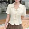 Nueva Camisa de Manga Corta con Botones Estilo Nacional de Cuello Medio Abierto Estilo Chino para Mujer Verano 2024 Nuevo Ajustada Cintura Adelgazante Dulce Top Jacquard