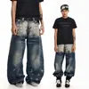 Jeans Rectos Lavados con Degradado, Ojalillos Remaches Estilo Retro Americano, Pierna Ancha Suelta, Pantalones Largos para Hombre y Mujer, Moda Urbana