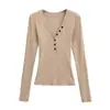 Camiseta de Manga Larga con Botones, Cuello en V Profundo, Corte Ajustado, Estilo Otoño Nuevo, Camiseta Básica Versátil y Elegante, Top Corto de Moda