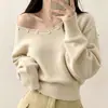 Suéter de Tricô Elegante Off-Shoulder Estilo Francês Outono 2026 para Mulheres, Pulôver Casual Estilo Puro Desejo com Ombro Caído