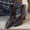 Botas Slim de Bico Quadrado e Salto Alto Estilo Coreano, Botas Curtas Femininas, Botas Martin Retrô de Salto Grosso, Botas Curtas Estilo Britânico