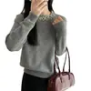 Suéter de Punto con Cuentas de Perla Gris 2024 Nuevo para Mujer Otoño e Invierno Camiseta Base de Manga Larga con Ropa de Otoño Negra