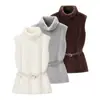 Comércio Exterior Atacado Moda Casual Simples Europeia e Americana Outono e Inverno Colete Peludo de Gola Alta com Cinto para Mulheres C93049