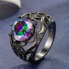 Anel europeu e americano de moda criativa transfronteiriço com zircônia colorida oco anel de cobre novo criativo banhado a ouro preto joia de mão