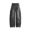 Jeans de pierna curva multibolsillos de moda estilo americano para hombre, pantalones de trabajo casuales versátiles de pierna ancha retro de alta costura
