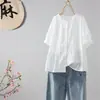 Nueva camisa de algodón puro de manga corta con cuello redondo y empalme de verano para mujer, top casual versátil de color liso, de un solo botón, corte ajustado