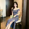 Vestido de Noche Azul de un Hombro para Fiesta de Cumpleaños, Elegante Vestido de Gala para Ceremonia de Mayoría de Edad, Vestuario de Espectáculo, Vestido de Cola de Pez con Abertura Estilo Francés