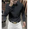 Camisa de manga comprida de cor sólida de alta qualidade, marrom claro, luxo leve, para homens, corte slim, elástica, sem rugas, não precisa passar, camisa business casual