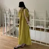 Estilo Chic Coreano Verão 2026 Novo Vestido Casual de Algodão e Linho com Múltiplos Bolsos e Fenda, Comprimento Médio