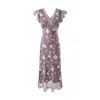 Vestido Longo Floral Elegante Romântico Francês de Verão 2025 com Mangas Curtas Leves e Renda em Patchwork com Decote em V