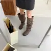 Botas altas elegantes de tacón grueso estilo coreano MIKELIN para mujer, otoño 2026, nuevas botas largas plisadas apiladas vintage