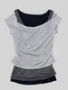 Camiseta de Manga Corta para Mujer Estilo Coreano Y2K Conjunto de Tres Piezas en Capas Ins Multicolor Verano y Otoño Talla Grande Chica Picante Bloque de Color Top Ceñido Hombros Descubiertos