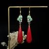 Brincos de Jade Hetian Método Antigo Folha Dourada Pingente Natural Brincos com Borla Gota d'Água Cinnabar Vermelho Estilo Étnico Vermelho Festivo