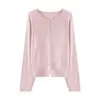 Cardigã de malha de lã de cashmere sem costura, cor verde claro, peça única para mulheres, para usar por baixo no outono e inverno, suéter curto de gola redonda, jaquetinha