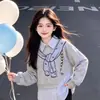 Elegante y Chic Conjunto de Dos Piezas para Niñas Estilo Coreano Moda Personalidad Bloque de Color Rayado Top con Solapa Pantalones de Pierna Ancha con Gato Lindo