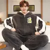 Pijama com Zíper Masculino Outono Inverno Coral Fleece Espessado Mais Veludo Quente Jovens Cardigan Roupas de Casa Conjunto Casual Masculino