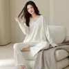 Algodão Lycra Pijama Feminino Primavera/Outono 2026 Novo Manga Longa Calça Longa Decote V Roupa para Casa Conjunto de Duas Peças Adequado para Uso Externo