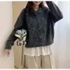 Novo cardigã de tricô doce estilo coreano para outono e inverno, com lapela bordada floral tridimensional, solto e macio, visual jovem