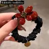 Elástico de Cabelo Estilo Ano Novo para Mulheres, Scrunchie Floral com Strass, Corda de Cabelo, Acessório de Cabelo Vermelho